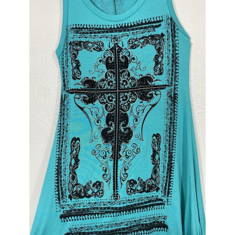 Y2K Vocal Turquoise Sleeveless Rhinestone Cross Tunic Top Rayon Spandex Size S - Picture 3 of 15